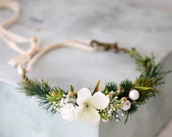 Rustic flower crown wedding, white green hair crown, woodland flower wreath, winter flower crown, forest hair accessories, flower girl halo