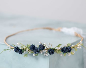 Dainty flower crown, navy blue floral crown, delicate flower crown, wedding flower crown, minimalist flower crown, simple flower halo girl