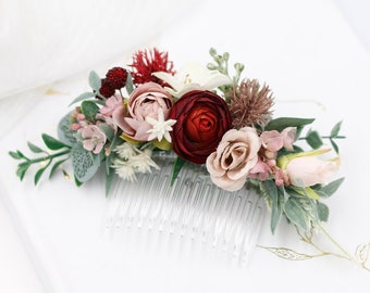 Burgundy hair flower, burgundy flower comb, burgundy bridal comb, deep red bridal hair comb, wedding hair comb, bridal flower headpiece