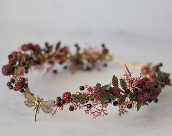 Elven crown dragonfly, woodland burgundy flower tiara, fairy floral crown, elf headpiece, elvish tiara, raspberry diadem