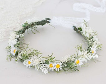 White daisy flower crown wedding,  baby's breath headband, dainty flower crown bridal shower, chamomile headpiece, bride flower girl halo