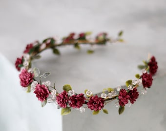 Burgundy flower headband, dainty flower crown, fairy flower halo, elven tiara, deep red flower crown, bridal flower headpiece, elvish crown