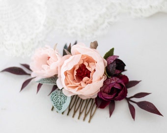 Burgundy blush flower comb, rustic bridal comb, burgundy hair comb, deep red bridal hair comb, wedding hair comb, bridal flower headpiece