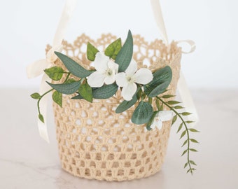 Lace flower girl basket whit flowers, ivory basket kids, rustic wedding, vintage crochet basket, decorated basket, boho flower girl