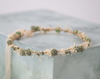 Dried baby's breath floral crown wedding, green ivory hair wreath, babies breath headband, dainty hairpiece, bridesmaids flower girl halo