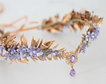 Lavender elven crown, fairy tiara, burgundy gold diadem, elven fairy crown, elf tiara, golden floral crown, elf headpiece, fairy renaissance