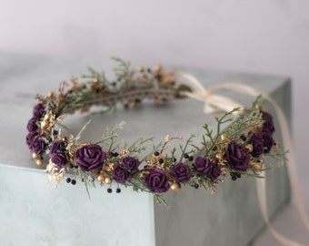 Dark purple flower crown, deep purple flower halo, mommy and me flower crown, child floral headband, baby girl headband