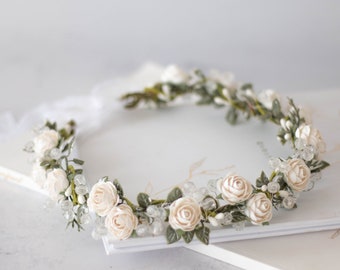 Ivory white flower crown wedding, dainty floral headband, off white hair wreath bride bridesmaids, flower girl halo, rustic flower headband
