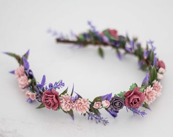 Lavender flower headband, purple dusty rose flower crown, dainty floral hairpiece, bridesmaid headdress fascinator, bridal hair wreath halo