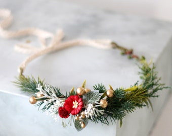 Christmas flower crown, red green flower crown, winter hair accessories, winter hair crown, pine cone wedding headpiece, xmas photo prop