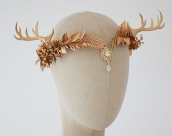 Elven crown with antlers, fairy tiara, horned crown, antler tiara, golden floral crown, elf headpiece, fairy renaissance outfit