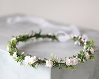 Danity flower crown wedding, white floral headband bride