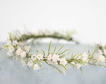 White flower crown wedding, dainty floral headband, bridal flower halo