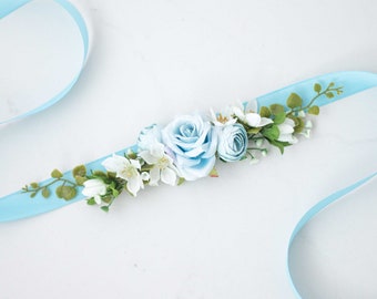 Blue flower belt for wedding dress, pale blue white flower sash baby shower, flower belt for pregnancy, flower girl belt and flower crown