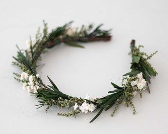 Dried flower crown, green white floral headband, floral hair wreath, greenery leaf headpiece, bride bridesmaid head band, flower girl halo