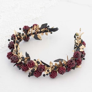 Burgundy black crown with raspberries, dark flower crown, woodland floral crown, rustic raspberry headband, gold leaf flower crown