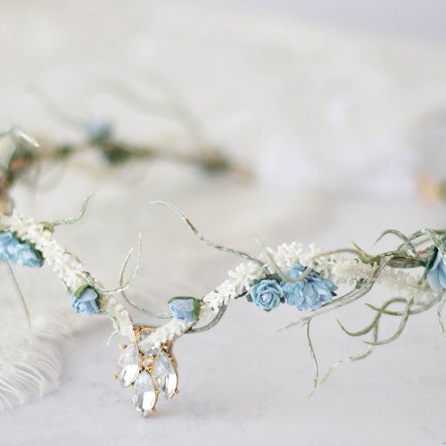 Elven tiara, elf leaf crown, light blue flower crown, woodland tiara, fairy crown, elf headpiece, elvish tiara, elven diadem