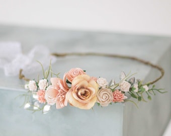 Flower crown wedding, dainty hair wreath bridal shower, pastel peach floral headband, adjustable floral crown, boho hippie flower girl halo