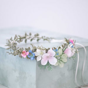 Pale pink blue flower crown for bohemian wedding, bridal hair wreath in pastel colours, whimsical wedding headpiece