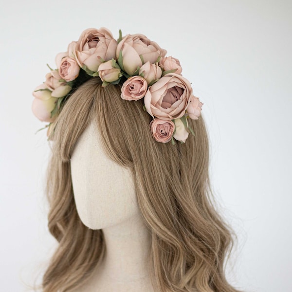 Peony flower headband, dusty rose flower crown bachelorette party, floral crown baby shower, big flower crown, large flower head band