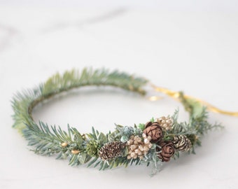 Woodland flower crown, rustic hair wreath pinecone, winter floral headband, pine cone headpiece, winter wedding photo props, adjustable halo