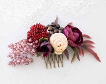 Burgundy hair comb wedding, burgundy hair flower, burgundy bridal comb, burgundy flower comb, deep red bridal comb, bridal flower headpiece