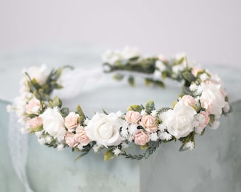 Blush white flower crown, babys breath headband, bride bridesmaid flower girl halo adjustable, first holy communion headpiece, babies breath