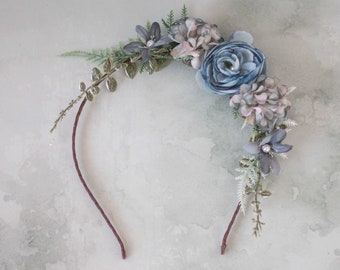 Dusty blue flower crown, serenity blue flower headband, peony floral hairpiece, bridesmaid headdress fascinator, bridal hair wreath halo