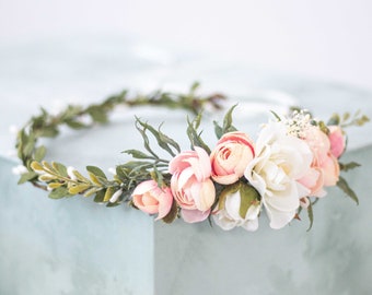 Peach ivory flower crown wedding, side hair wreath, bridal rustic headband, bohemian floral headpiece, bridesmaid bride flower girl halo
