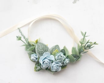 Pale blue flower wrist corsage, rustic wedding bracelet, eucalyptus leaf corsage, blue flower bracelet for mothers bridesmaids flower girls