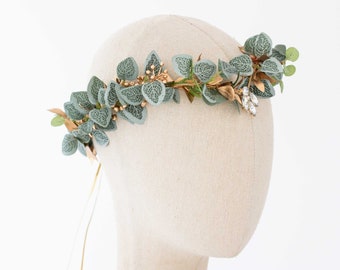 Green gold leaf diadem, elvish flower crown, elf headpiece, leaf fairy crown, greenery elven crown, golden leaf tiara, glitter leaves crown