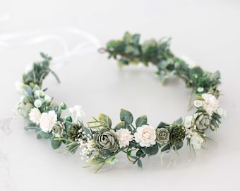 Flower crown wedding, white green hair wreath, dainty floral headband, bride headpiece, greenery flower garland, delicate flower girl halo