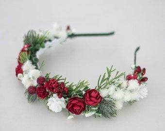 Winter flower headband, christmas floral headpiece, winter wedding flower crown, red and white christmas flower crown, xmas headdress