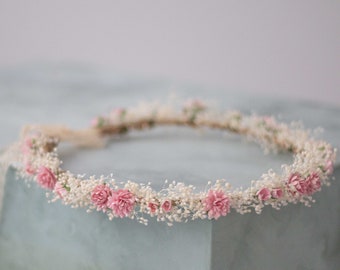 Dried baby's breath floral crown for wedding, pink flower halo, babies breath headband, dainty hair wreath, bridesmaid flower girl headpiece