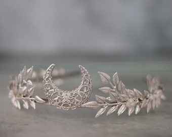 Moon tiara, silver leaf crown, crescent moon headband, elven hairpiece, fairy head piece, fantasy headpiece, fae hair piece, celestial crown