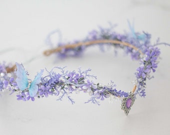 Butterfly flower crown, elven circlet, lavender flower headband, crystal elven circlet, v-shaped floral crown, fairy headpiece, flower girl