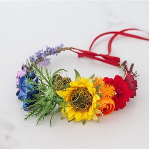 Rainbow flower crown, colorful hair wreath, sunflower flower crown, tie back floral halo, festival headpiece, bright flower girl halo