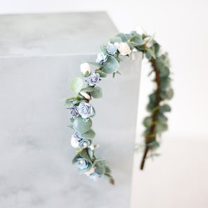 Blue white flower headband for wedding, dainty floral crown for bride or bridesmaids, flower girl headpiece, eucalyptus green leaf headband