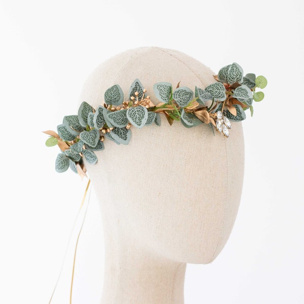 Green gold leaf diadem, elvish flower crown, elf headpiece, leaf fairy crown, greenery elven crown, golden leaf tiara, glitter leaves crown