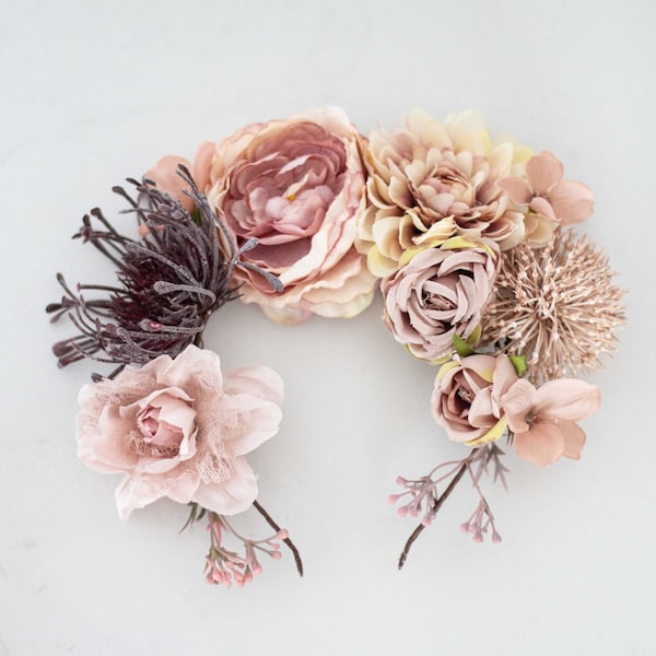 Dusty rose flower headband, blush pink headdress, Frida Kahlo flower crown, antique rose flower headband, mauve bridal hairband