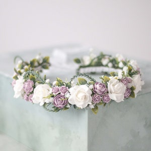 Purple white flower crown, babys breath garland, bride bridesmaid flower girl halo adjustable, first holy communion headpiece, babies breath