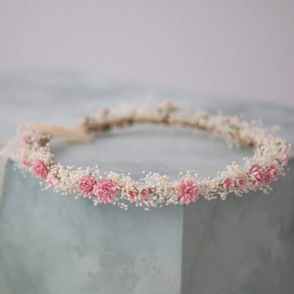 Dried baby's breath floral crown for wedding, pink flower halo, babies breath headband, dainty hair wreath, bridesmaid flower girl headpiece