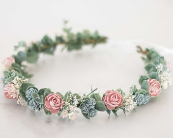 Dusty rose floral crown for wedding, dried baby's breath flower halo, preserved floral crown, eucalyptus headband, dainty flower headband