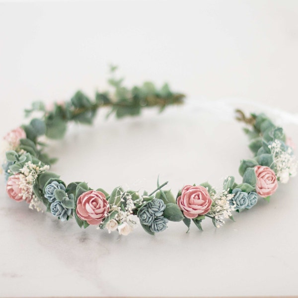 Dusty rose floral crown for wedding, dried baby's breath flower halo, preserved floral crown, eucalyptus headband, dainty flower headband