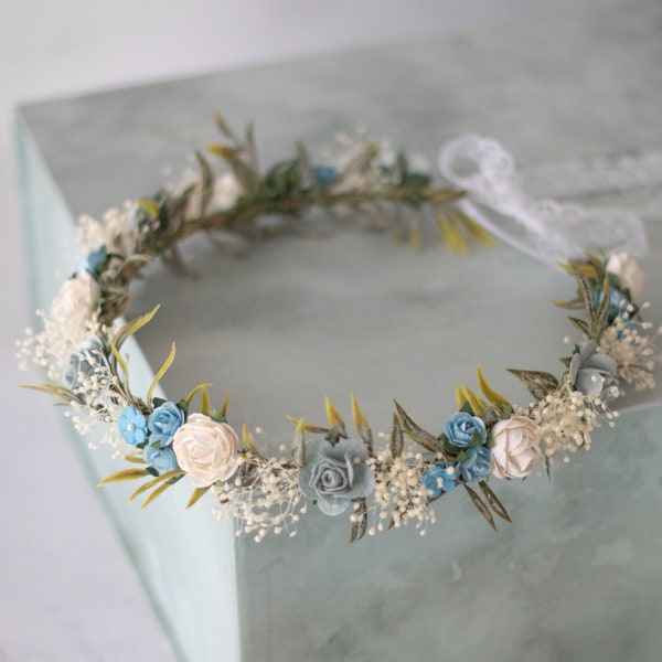 Dusty blue flower crown wedding, serenity flower crown bridal shower, dried baby breath headband