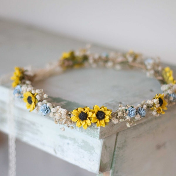 Dried babys breath & sunflower flower crown for wedding, rustic bridal wreath, blue yellow floral crown, baby breath headband
