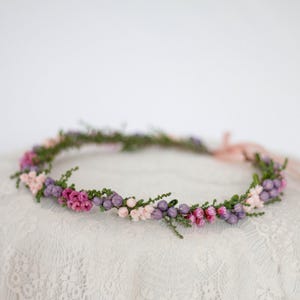 Pink purple hair wreath with dried flowers, real flower crown, dainty floral headpiece, meadow hair piece, bohemian wedding hairband