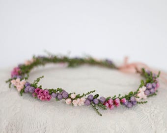 Pink Purple Dried Flower Crown: Bohemian Wedding Hairband
