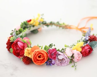 Rainbow Flower Crown: Bohemian Floral Headpiece, Adjustable Tie Back