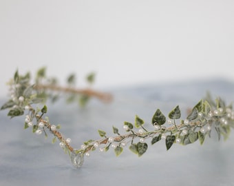 Elven crown, fairy tiara, dainty twig headband, green white fairy crown, crystal elven circlet, leaf floral crown, elf headpiece